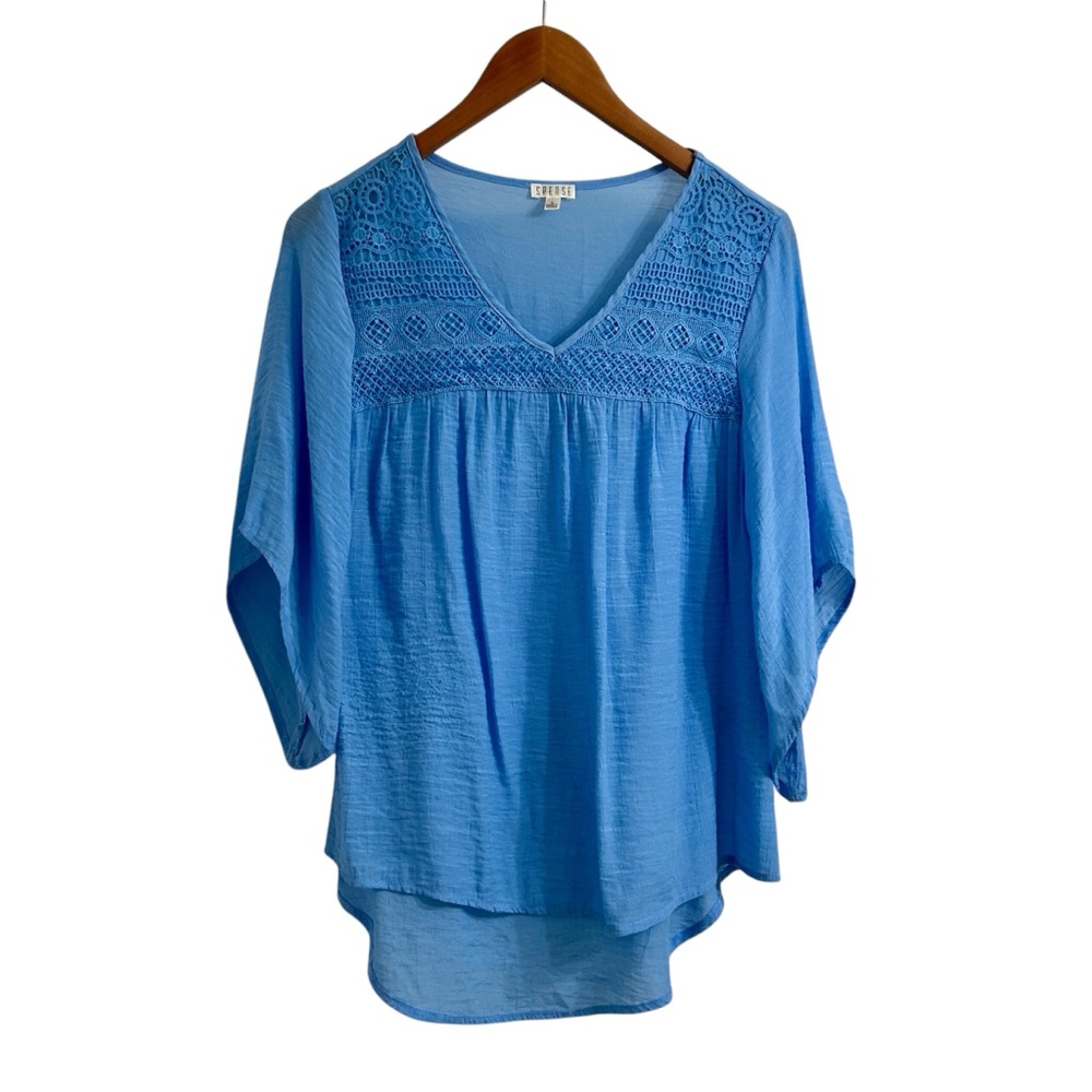 Spence Crochet-Detail Blouse, Gauzy Half-Sleeve V-Neck Boho Blue Top, Medium